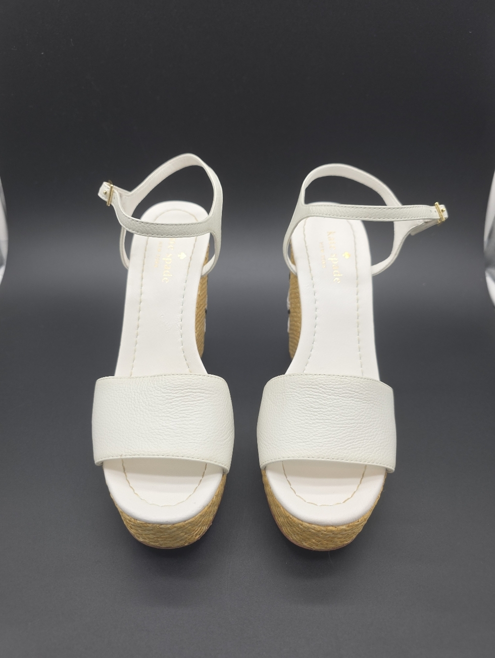 RARE Kate Spade White Leather Woven Ankle Strap Floral Wedges Size 7.5M $129 - Picture 2 of 8